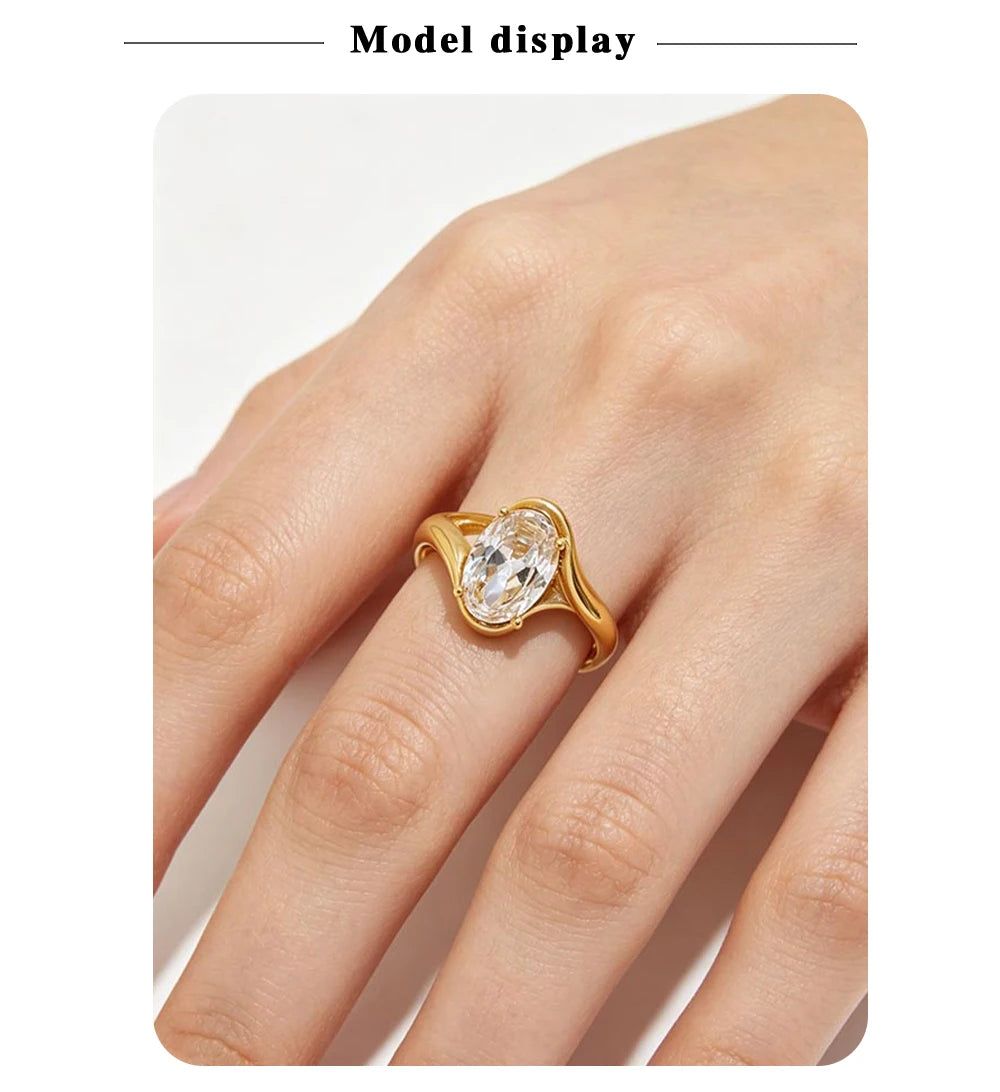 MamacitaSlay 316L Stainless Steel Oval Zircon Natural Stone Stacked Ring 18K Gold Plated Waterproof Vintage Jewelry For Women