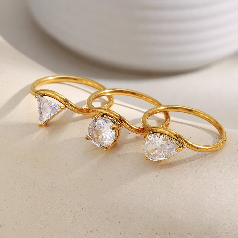 MamacitaSlay 316L Stainless Steel Water Drop Circular Triangle Zircon Wave Ring 18K Gold Plated Waterproof Jewelry For Women
