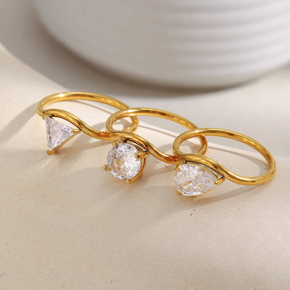 MamacitaSlay 316L Stainless Steel Water Drop Circular Triangle Zircon Wave Ring 18K Gold Plated Waterproof Jewelry For Women