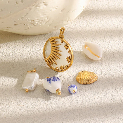 MamacitaSlay 18K Gold Plated Shell Moon Star Charm 316L Stainless Steel Ceramic Beads For DIY Earrings Bracelet Necklace Making