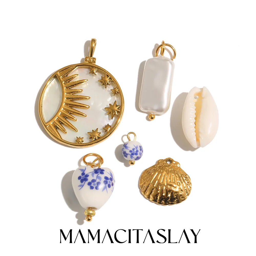 MamacitaSlay 18K Gold Plated Shell Moon Star Charm 316L Stainless Steel Ceramic Beads For DIY Earrings Bracelet Necklace Making