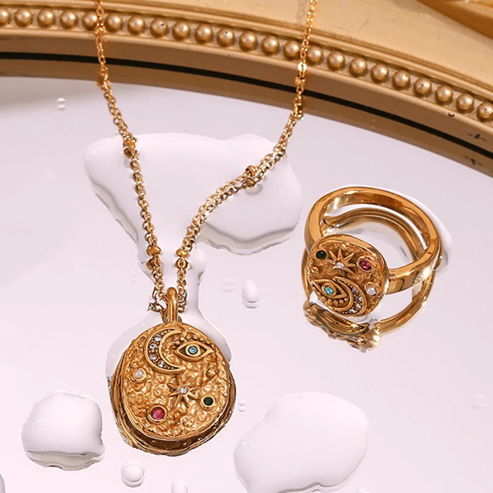 MamacitaSlay Unique 316L Stainless Steel Star Moon Evil Eye Zircon Necklace Ring 18K Gold Plated Waterproof Jewelry For Women