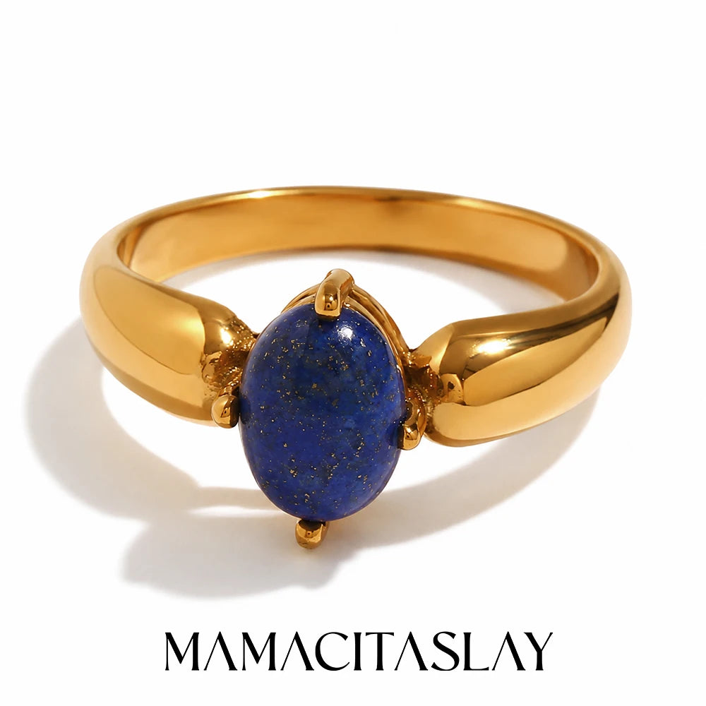 MamacitaSlay 316L Stainless Steel Oval Zircon Natural Stone Stacked Ring 18K Gold Plated Waterproof Vintage Jewelry For Women