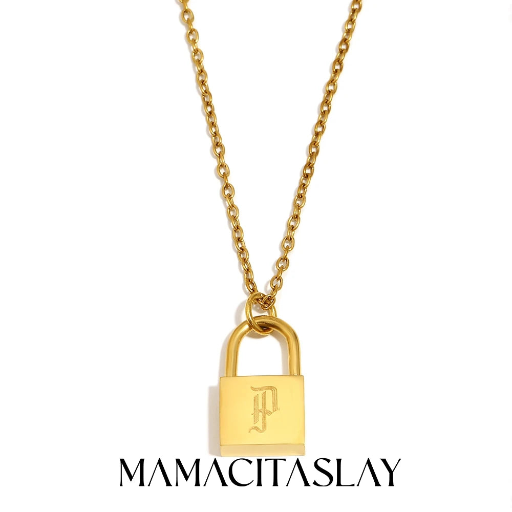 MamacitaSlay 316L Stainless Steel Ancient Letters Engaged Lock Pendant Necklace 18K Gold Plated Waterproof Neck Jewelry Gift