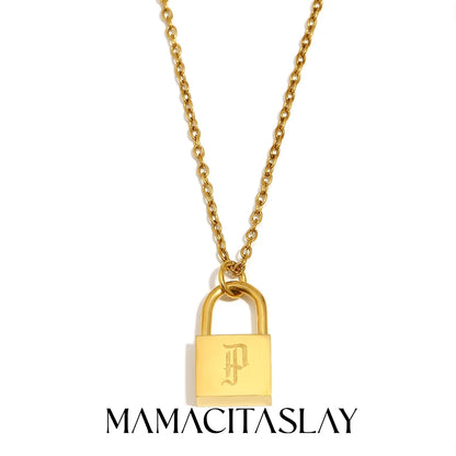 MamacitaSlay 316L Stainless Steel Ancient Letters Engaged Lock Pendant Necklace 18K Gold Plated Waterproof Neck Jewelry Gift