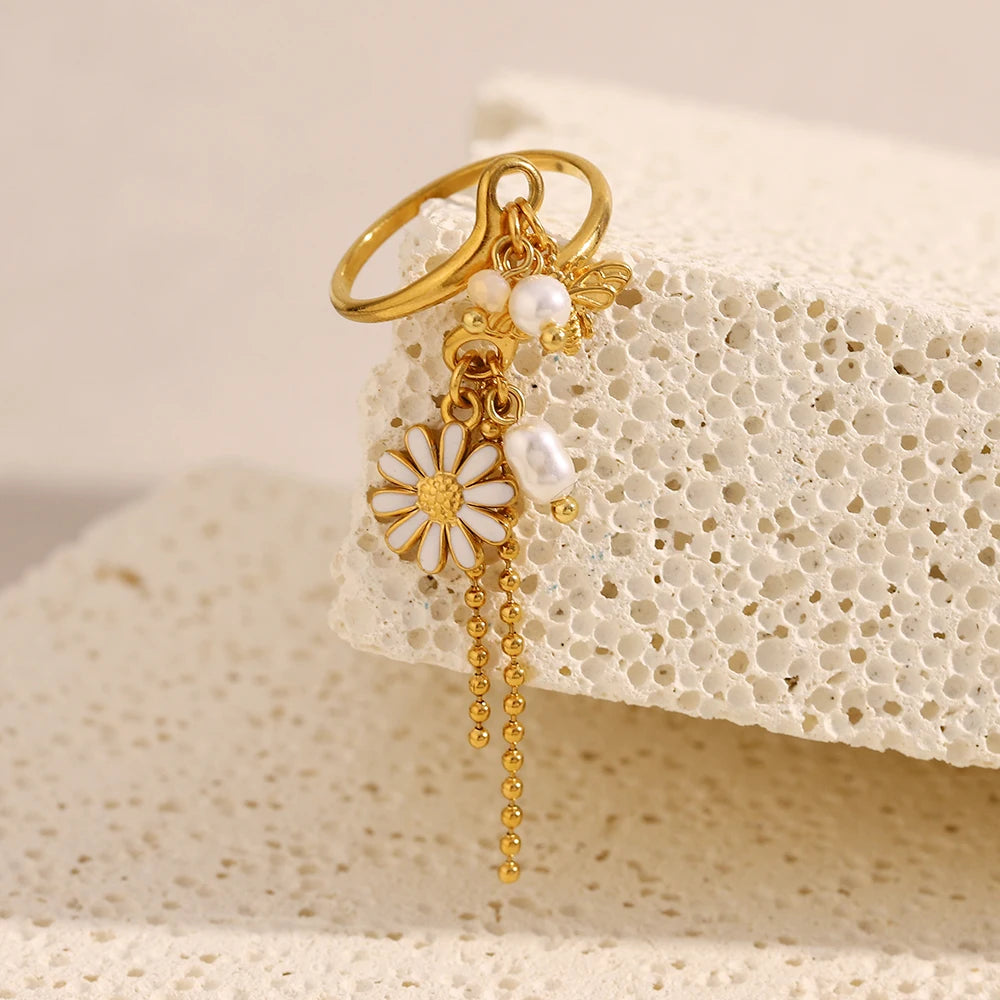 MamacitaSlay 316L Stainless Steel Pearl Flower Insect Tassel Ring Creative Waterproof Jewelry Women's Elegant Adjustable Ring