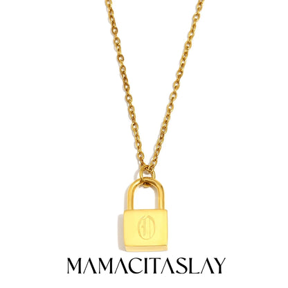 MamacitaSlay 316L Stainless Steel Ancient Letters Engaged Lock Pendant Necklace 18K Gold Plated Waterproof Neck Jewelry Gift