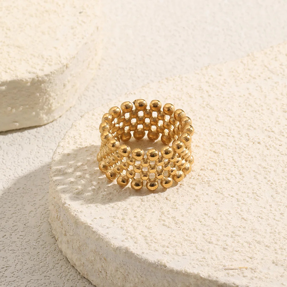 MamacitaPlay 316L Stainless Steel Mesh Hollow Out Ball Ring 18K Gold Plated Waterproof Jewelry For Women Trend Everyday Wear