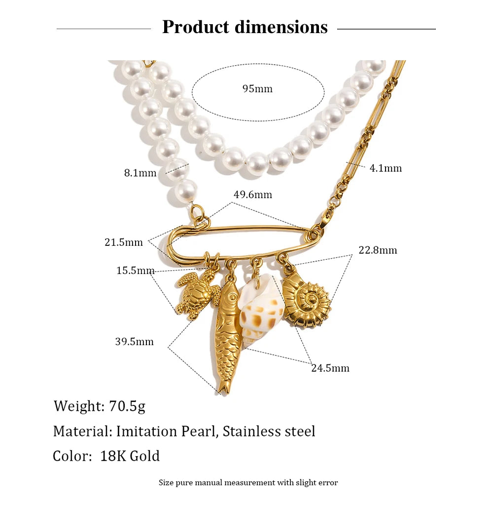 MamacitaSlay 316L Stainless Steel Pearl Paperclip Conch Shell Necklace 18K Gold Plated Waterproof Vacation Jewelry For Women