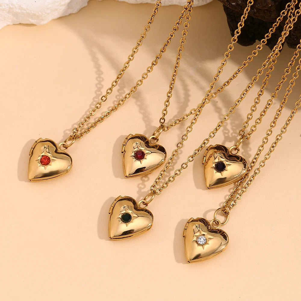 MamacitaSlay New Design Twelve Birthstone Heart Can Paste Photo Frame Pendant Women's stainless steel necklace  jewelry Gifts
