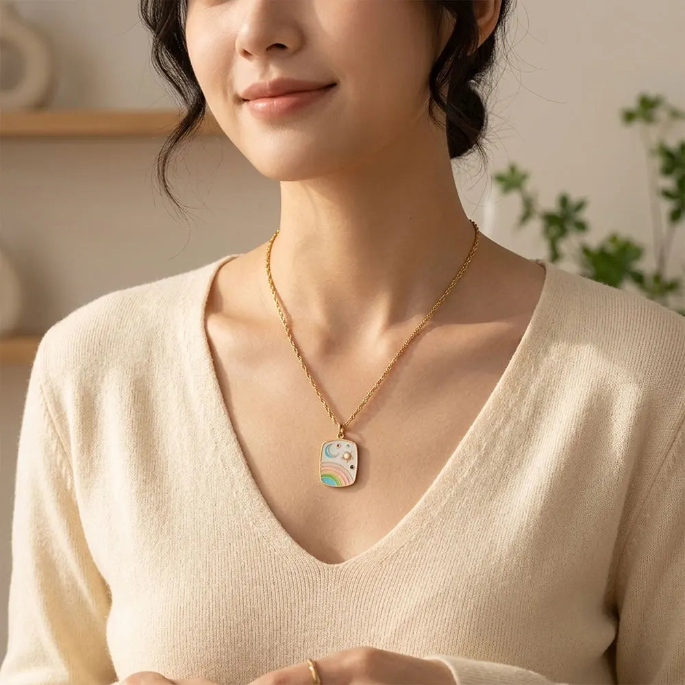 MamacitaSlay 316L Stainless Steel Rainbow Moon Star Enamel Necklace 18K Gold Plated Waterproof Jewelry For Women Everyday Wear