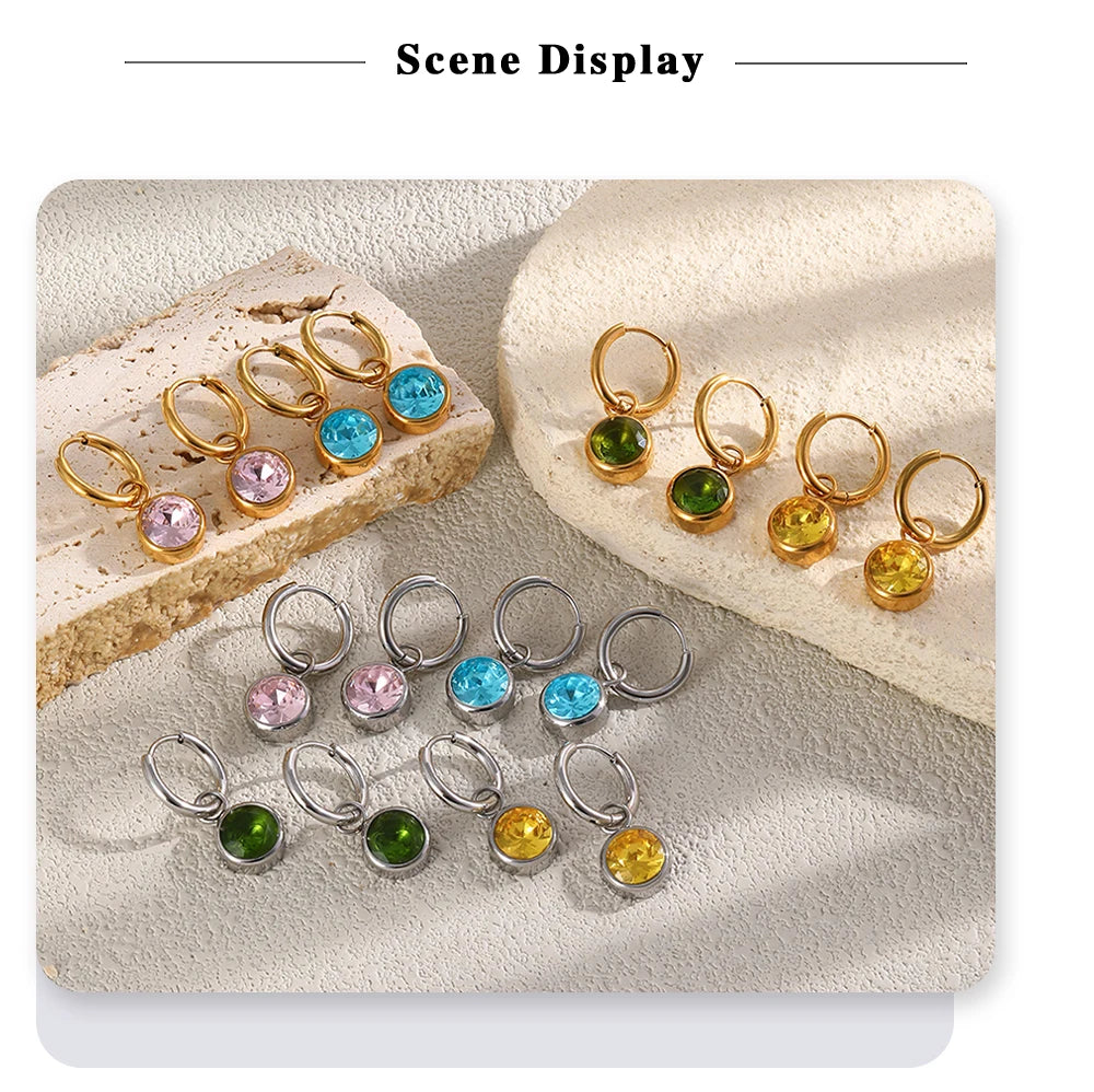 MamacitaSlay 316L Stainless Steel Multicolor Round Zircon Hoop Earrings 18K Gold Plated Waterproof Minimalist Jewelry For Women