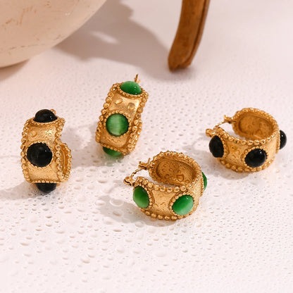 MamacitaSlay 316L Stainless Steel Retro Agate Beaded Edge Hoop Earrings 18K Gold Plated Waterproof Jewelry For Women Daily Wear