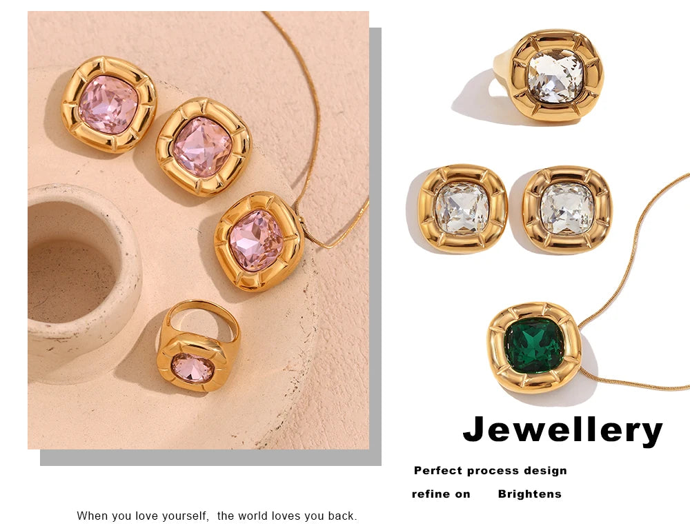 MamacitaSlay 18K Gold Plated Stainless Steel Rounded Square Zircon Necklace Earring Ring Women's Fashionable Waterproof Jewelry