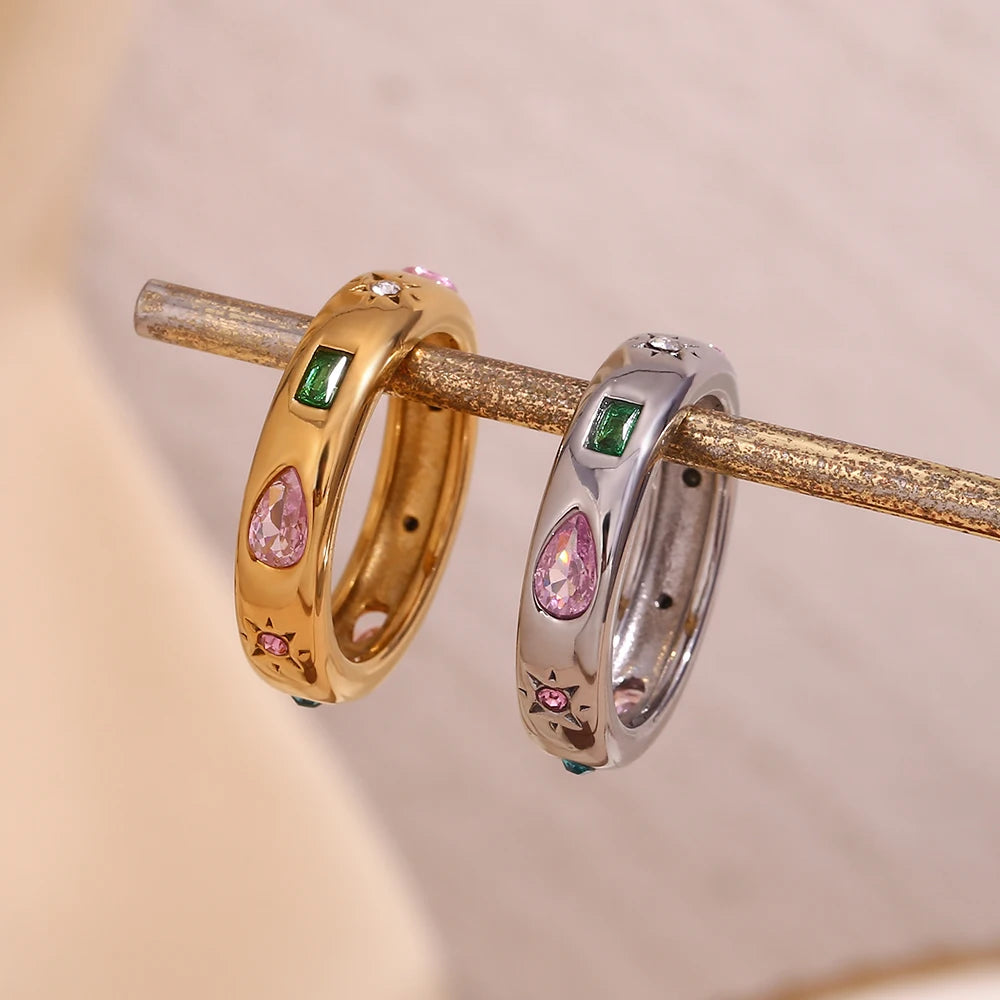MamacitaSlay 316L Stainless Steel Multicolor Zircon Ring Waterproof 18K Gold Plated Jewelry For Women's Classic Ring Gift 2026