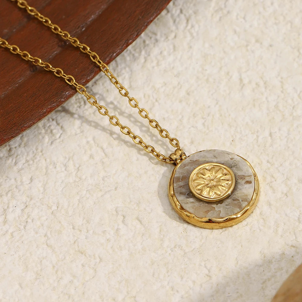 MamacitaSlay 316L Stainless Steel Marble Round Sun Necklace 18K Gold Plated Waterproof Jewelry Women's Minimalist Retro Necklace