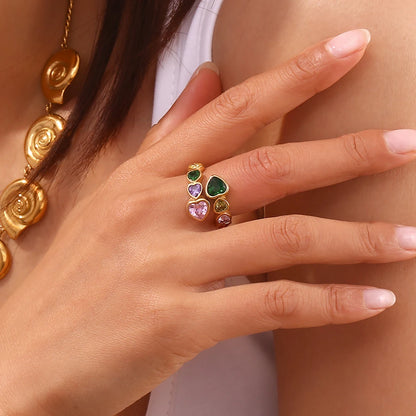 MamacitaSlay 316L Stainless Steel Zircon Heart Opening Ring 2025 Party Waterproof 18K Gold Plated Jewelry Women's Elegant Gift