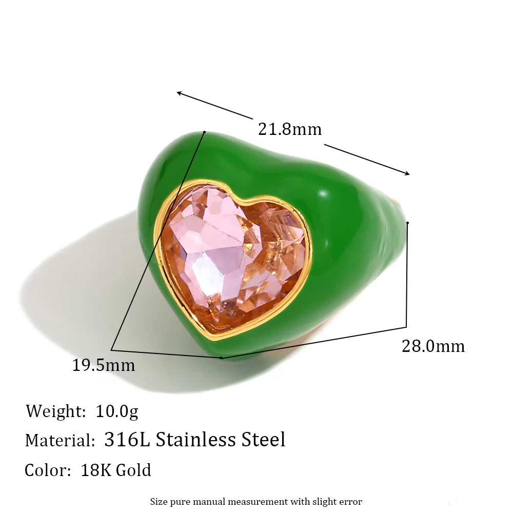 MamacitaSlay Sweet and Colorful Enamel Stainless Steel Heart Rhinestone Open Ring Party Trend Waterproof Jewelry Women's Gift