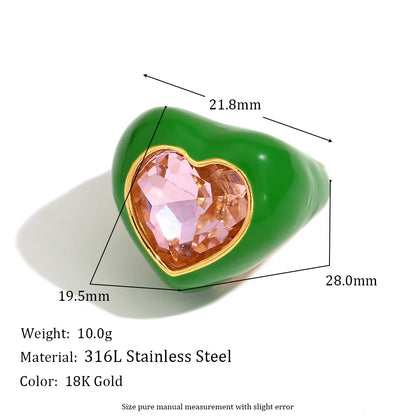 MamacitaSlay Sweet and Colorful Enamel Stainless Steel Heart Rhinestone Open Ring Party Trend Waterproof Jewelry Women's Gift