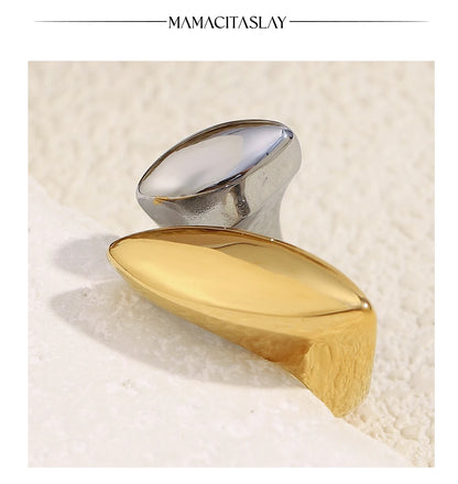 MamacitaSlay 316L Stainless Steel Two Tone Willow Asymmetrical Opening Ring Party Waterproof Jewelry Women's Unique Cool Ring
