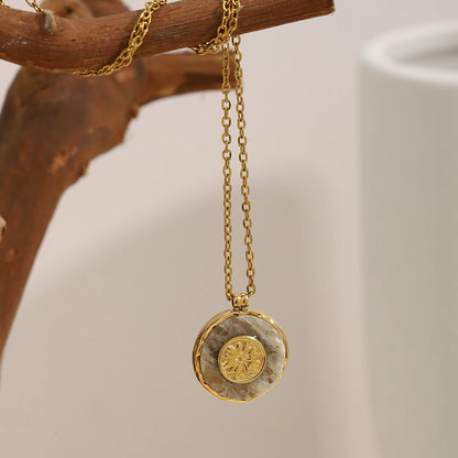 MamacitaSlay 316L Stainless Steel Marble Round Sun Necklace 18K Gold Plated Waterproof Jewelry Women's Minimalist Retro Necklace