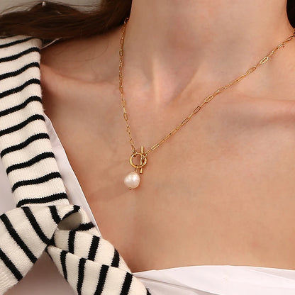 MamacitaSlay Elegant Baroque Freshwater Pearl Pendant Necklace OT Buckle 18K Gold Plated Waterproof Stainless Steel Necklace