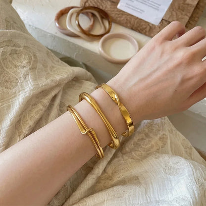 MamacitaSlay 316L Stainless Steel Twisted Wave Fold Thin Wire Cuff Bangle 18K Gold Plated Waterproof Jewelry For Women Bracelet