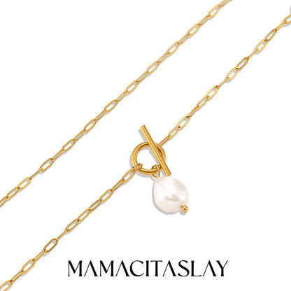 MamacitaSlay Elegant Baroque Freshwater Pearl Pendant Necklace OT Buckle 18K Gold Plated Waterproof Stainless Steel Necklace