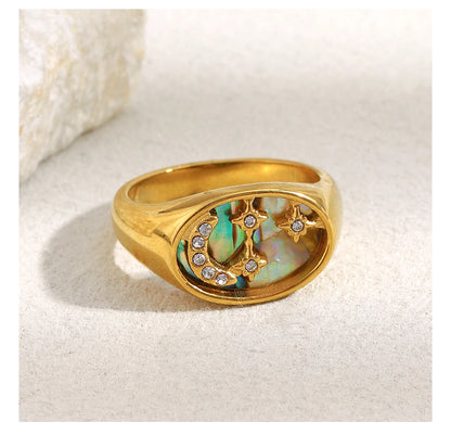 MamacitaSlay 316L Stainless Steel Abalone Shell Star Moon Colorful Ring 18K Gold Plated Waterproof Jewelry Women's Cool Ring