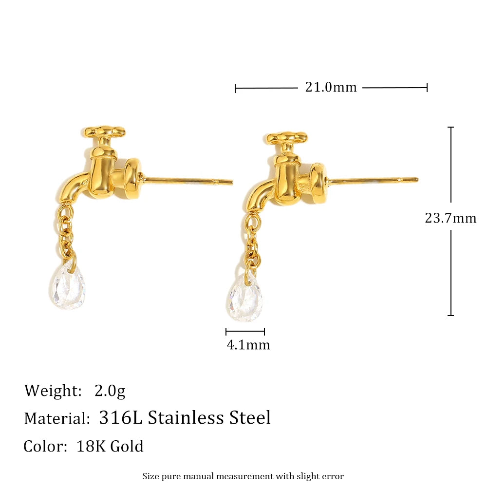 MamacitaSlay 316L Stainless Steel Unique Faucet Water Drop Zircon Earrings 18K Gold Plated Creative Waterproof Jewelry For Women