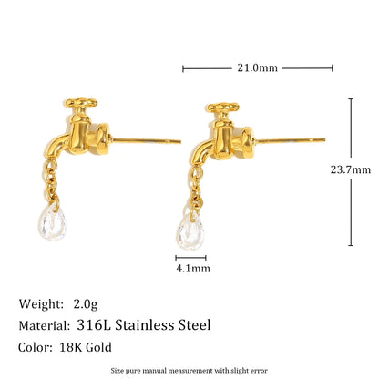 MamacitaSlay 316L Stainless Steel Unique Faucet Water Drop Zircon Earrings 18K Gold Plated Creative Waterproof Jewelry For Women