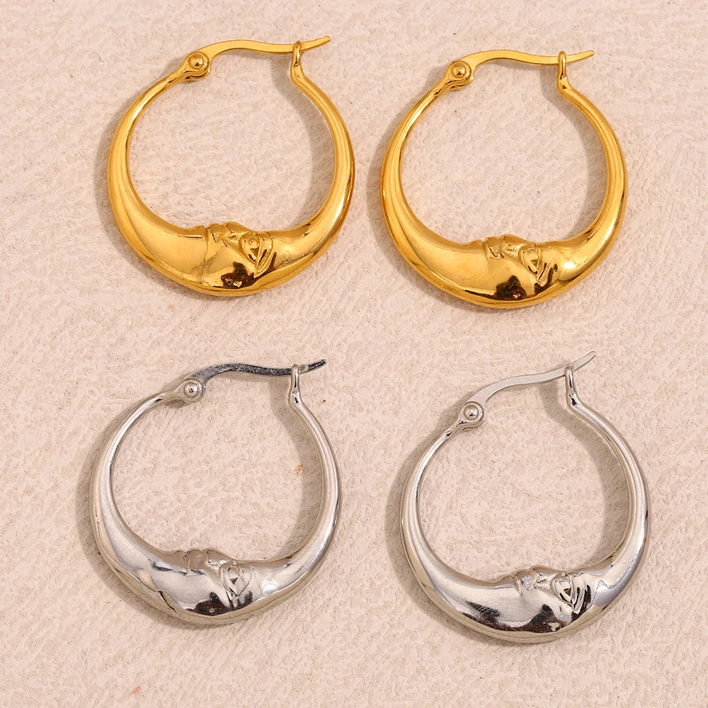 MamacitaSlay 18K Gold Plated Stainless Steel Moon Hoop Earrings Unique Waterproof Jewelry Women's Charm Statement Earrings Gift