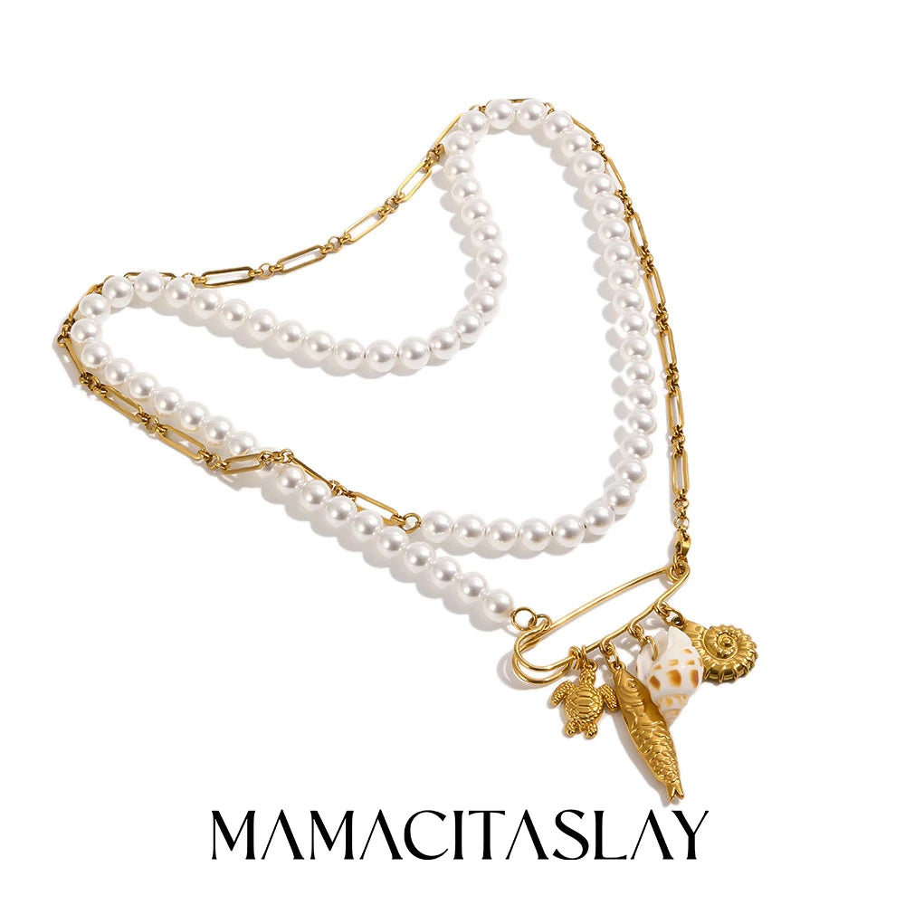 MamacitaSlay 316L Stainless Steel Pearl Paperclip Conch Shell Necklace 18K Gold Plated Waterproof Vacation Jewelry For Women
