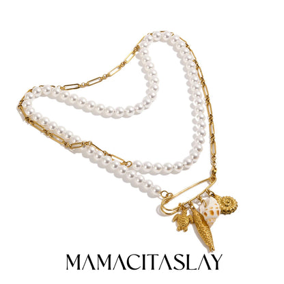MamacitaSlay 316L Stainless Steel Pearl Paperclip Conch Shell Necklace 18K Gold Plated Waterproof Vacation Jewelry For Women