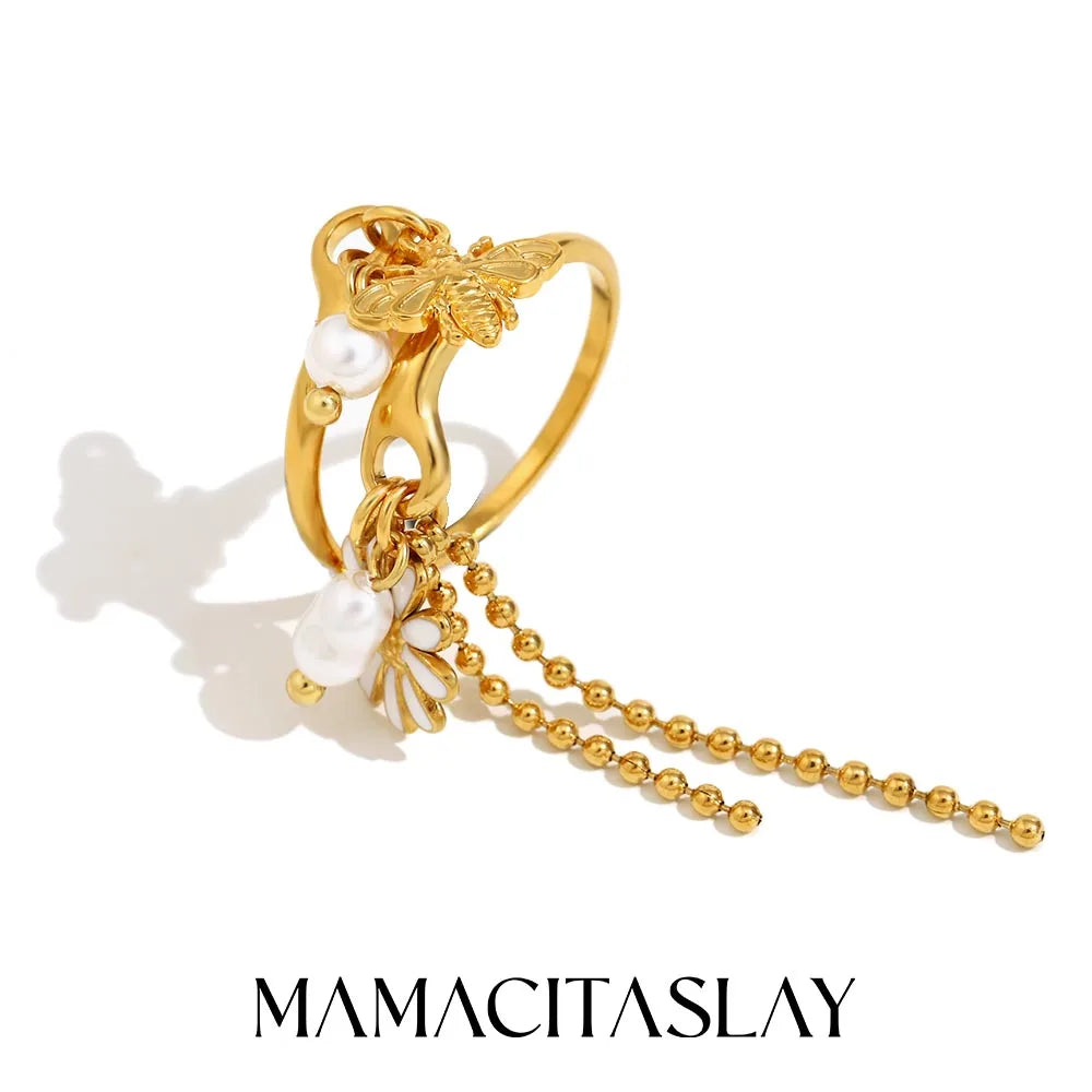 MamacitaSlay 316L Stainless Steel Pearl Flower Insect Tassel Ring Creative Waterproof Jewelry Women's Elegant Adjustable Ring