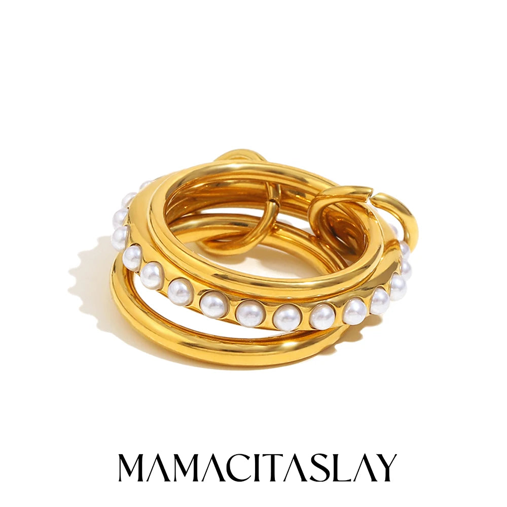 MamacitaSlay Elegant 316L Stainless Steel Pearl Three Layer Ring 18K Gold Plated Waterproof Jewelry Women's Charm Ring Gift 2025