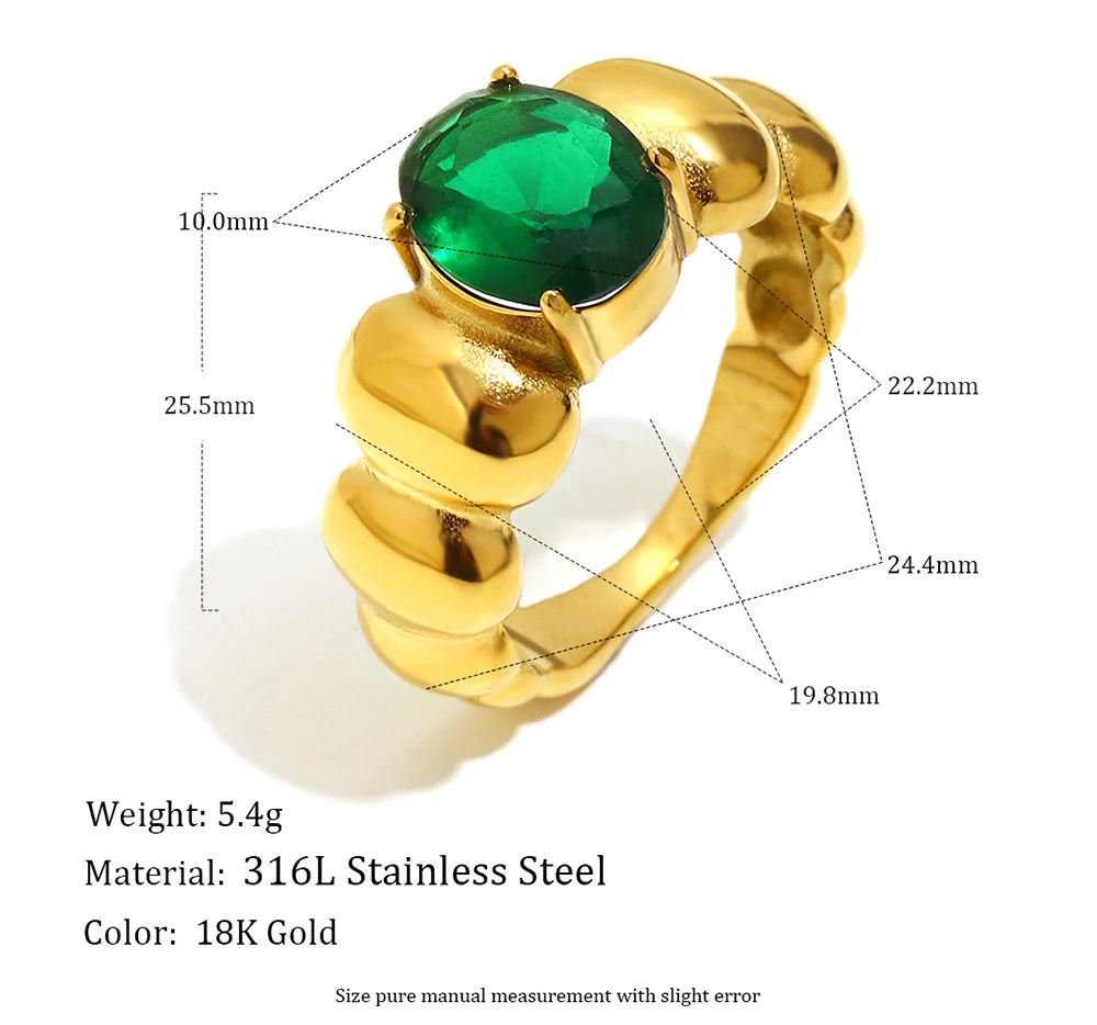 MamacitaSlay Classic 316L Stainless Steel Oval Multicolor Zircon Ring 18K Gold Plated Waterproof Jewelry For Women Everyday Wear