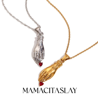 MamacitaSlay 316L Stainless Steel Red Heart Hand Pendant Necklace 18K Gold Plated Waterproof Jewelry For Women Vintage Style