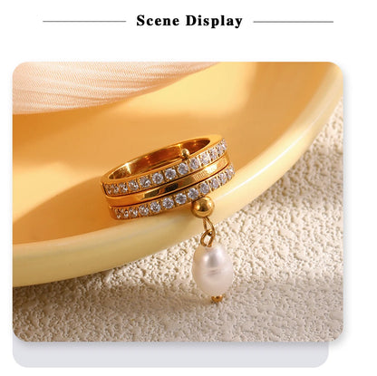 MamacitaSlay 316L Stainless Steel Baroque Pearl Zircon Ring 18K Gold Plated Waterproof Casual Statement Jewelry For Women Gift