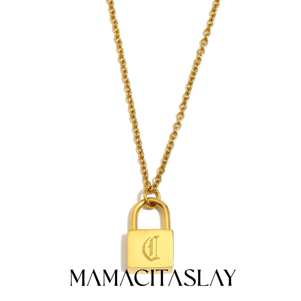 MamacitaSlay 316L Stainless Steel Ancient Letters Engaged Lock Pendant Necklace 18K Gold Plated Waterproof Neck Jewelry Gift