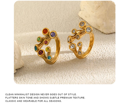 MamacitaSlay 316L Stainless Steel Multicolor CZ Branch Shape Open Ring 18K Gold Plated Waterproof Jewelry For Women Party Gift