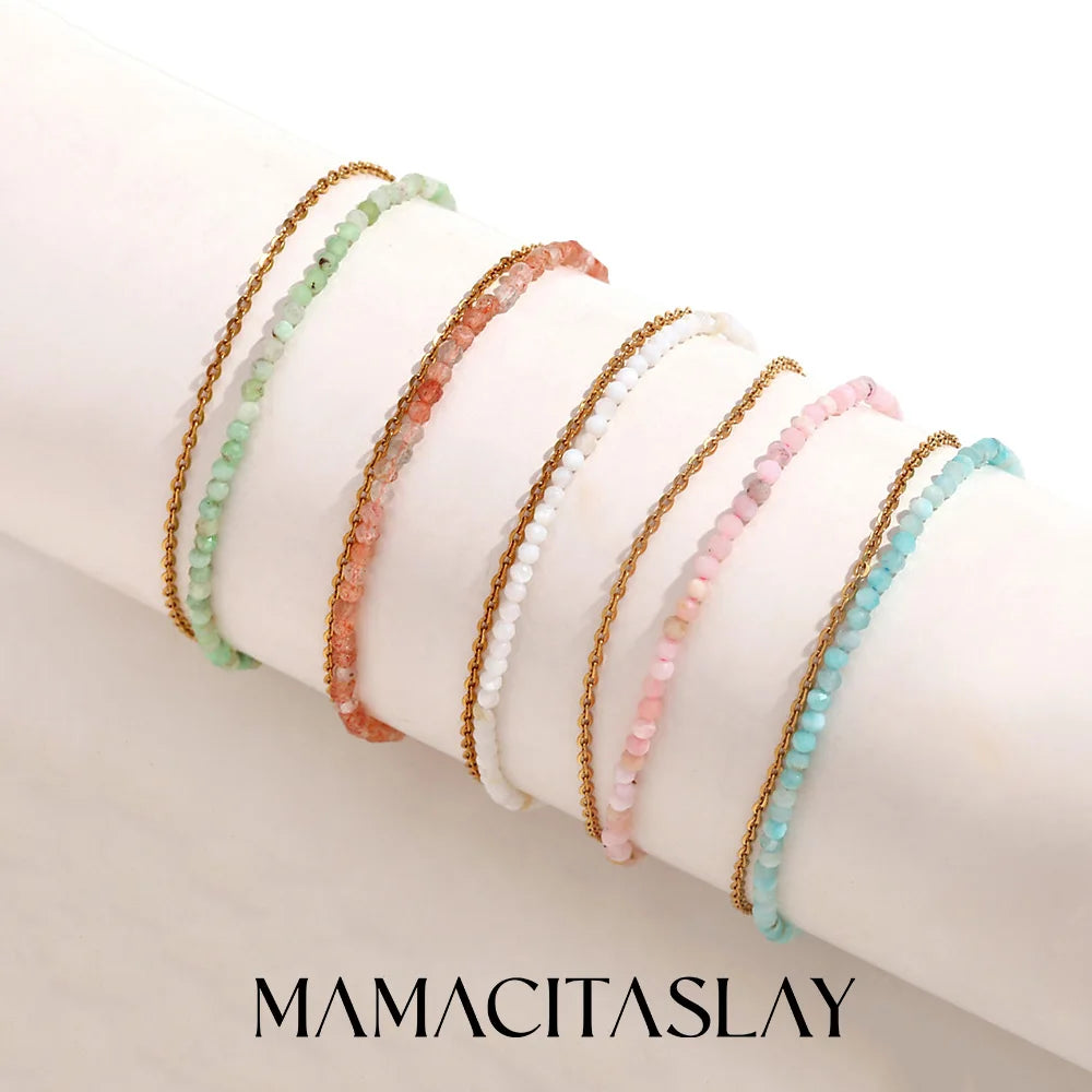 Mamacitaslay 316L Stainless Steel Natural Stone Beaded Thin Chain Bracelet Anklet Waterproof Everyday Jewelry For Women Gift