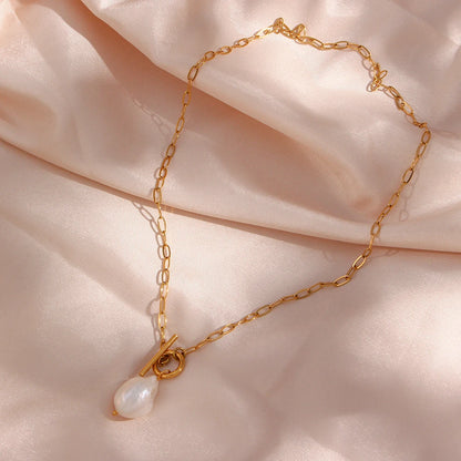 MamacitaSlay Elegant Baroque Freshwater Pearl Pendant Necklace OT Buckle 18K Gold Plated Waterproof Stainless Steel Necklace