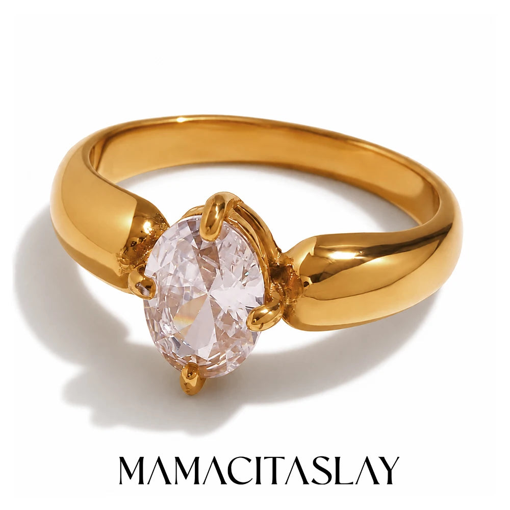 MamacitaSlay 316L Stainless Steel Oval Zircon Natural Stone Stacked Ring 18K Gold Plated Waterproof Vintage Jewelry For Women