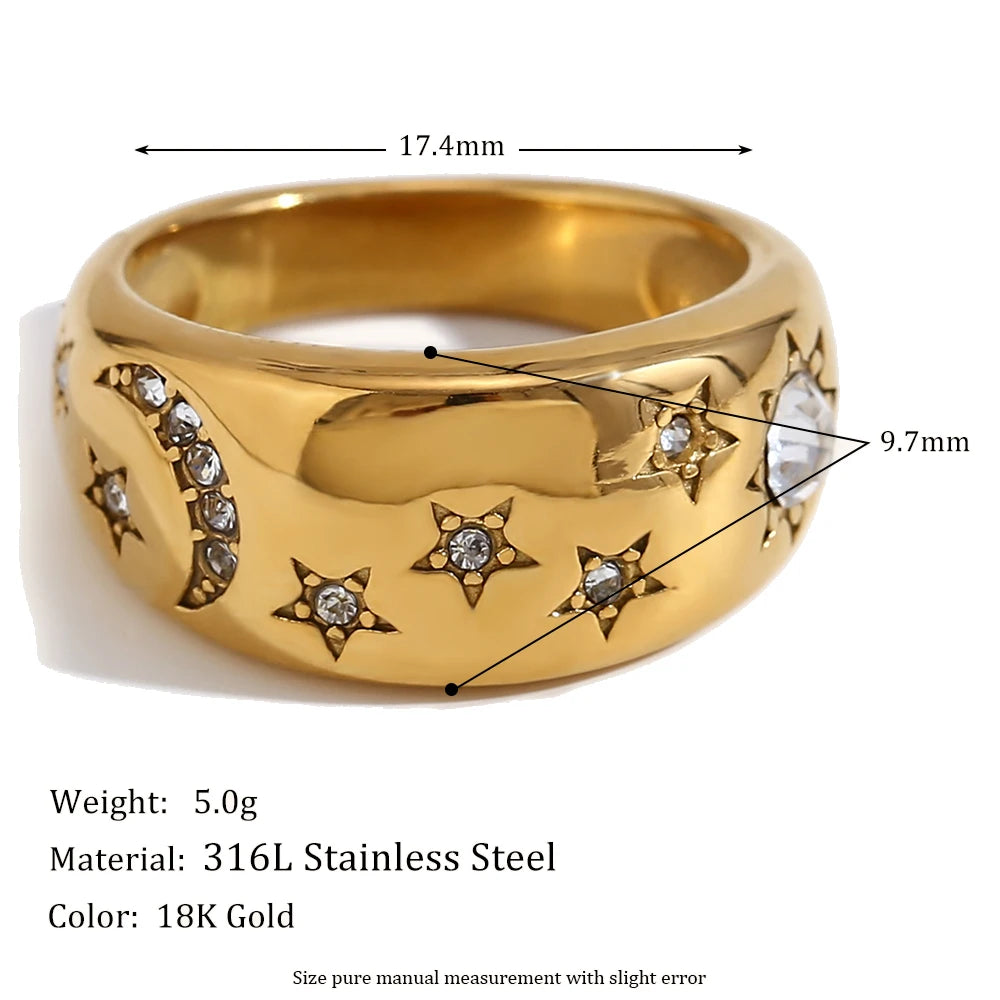 MamacitaSlay Stainless Steel 18K Gold Plated Sun Moon Stars Ring 2025 New Design Waterproof Jewelry Women's Charm Finger Jewelry