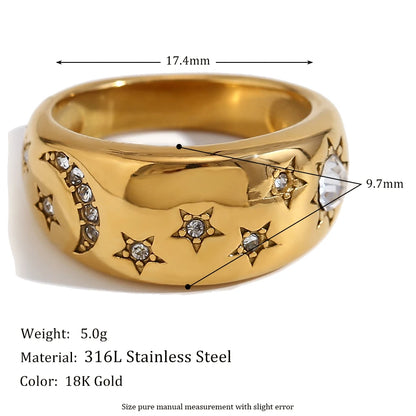MamacitaSlay Stainless Steel 18K Gold Plated Sun Moon Stars Ring 2025 New Design Waterproof Jewelry Women's Charm Finger Jewelry