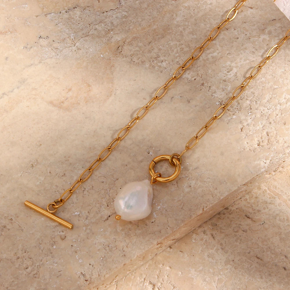 MamacitaSlay Elegant Baroque Freshwater Pearl Pendant Necklace OT Buckle 18K Gold Plated Waterproof Stainless Steel Necklace