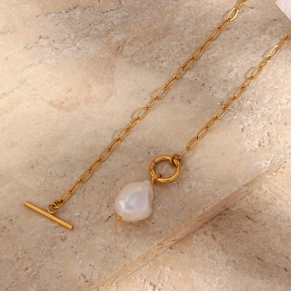 MamacitaSlay Elegant Baroque Freshwater Pearl Pendant Necklace OT Buckle 18K Gold Plated Waterproof Stainless Steel Necklace