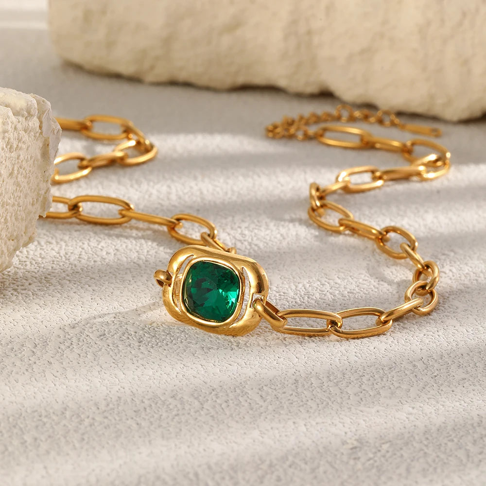 MamacitaSlay 316L Stainless Steel Green Zircon Pendant Necklace 18K Gold Plated Waterproof Vintage Luxury Jewelry Gift For Women