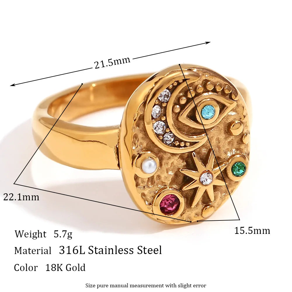 MamacitaSlay Unique 316L Stainless Steel Star Moon Evil Eye Zircon Necklace Ring 18K Gold Plated Waterproof Jewelry For Women